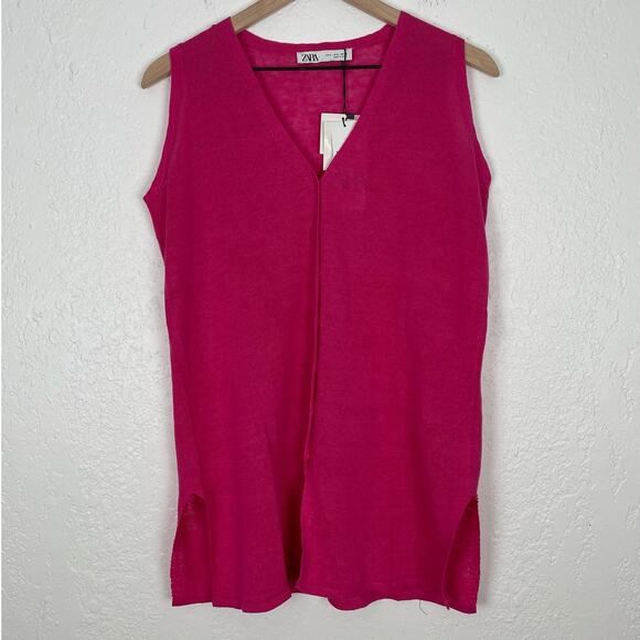 Zara Pink Linen Blend Button Front Long Sleeveless Vest NWT Size Small - Picture 3 of 5